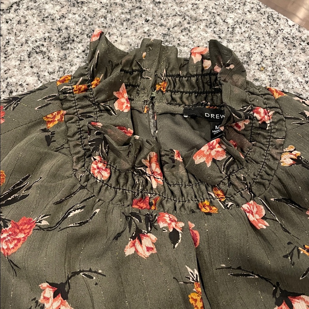 Anthropologie Drew Green Floral Chiffon Smocked High Neck Long Sleeve Dress - Picture 14 of 14